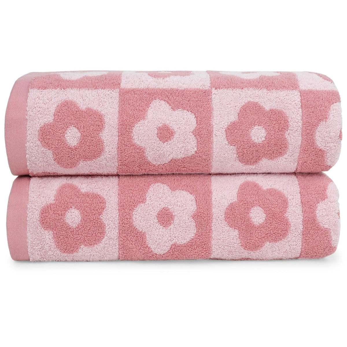 Jacquotha checkered floral towels folded, showing plush texture for quick drying.