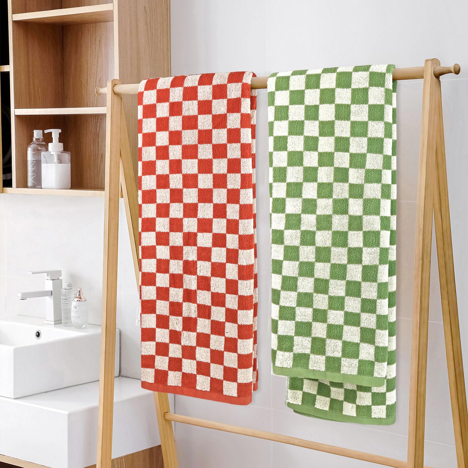 Jacquotha colorful orange-green towels brighten family bathrooms and guest rooms