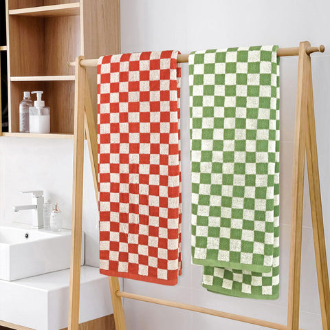 Jacquotha colorful orange-green towels brighten family bathrooms and guest rooms