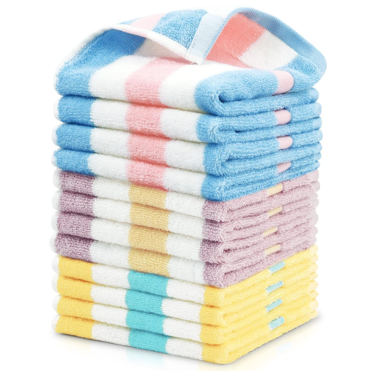 Jacquotha cotton washcloths in blue and peach-pink stripes, quick drying and soft for daily use.