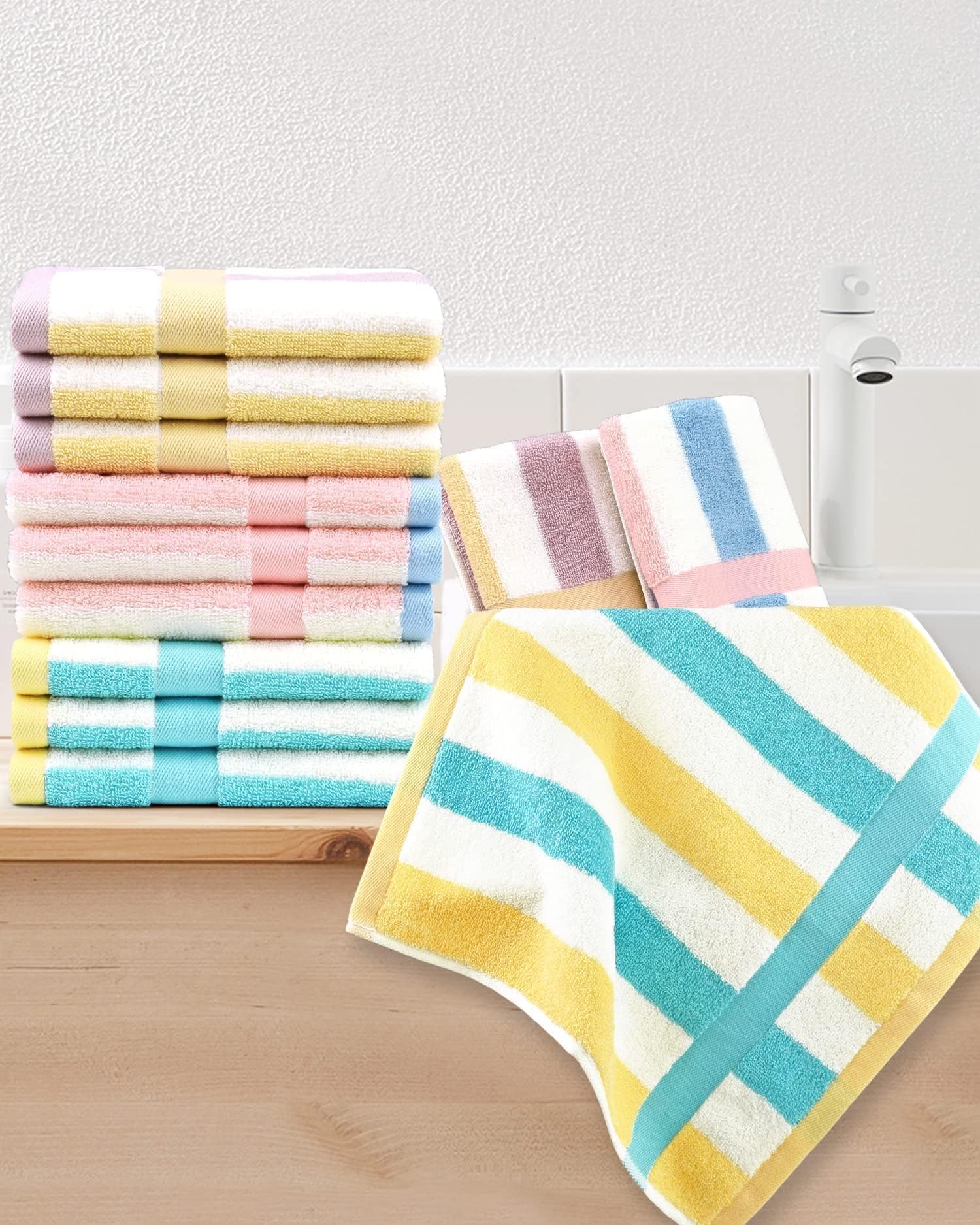 Jacquotha teal and light yellow striped washcloths for gentle cleansing and visibility.