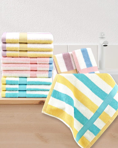 Jacquotha teal and light yellow striped washcloths for gentle cleansing and visibility.