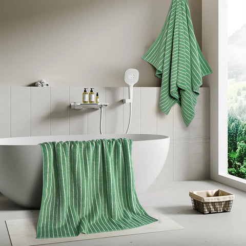 Jacquotha forest green and white stripes add sophisticated bathroom style
