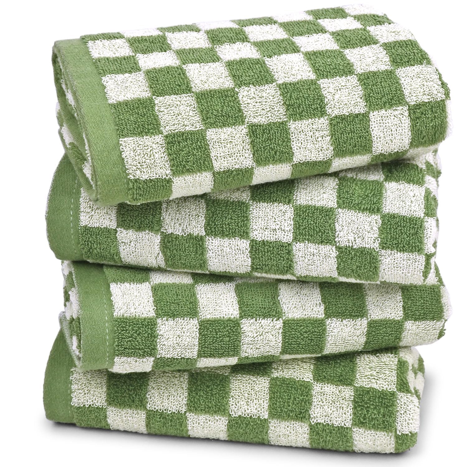 Jacquotha green hand towels with checkered pattern for quick-dry bathroom practicality.