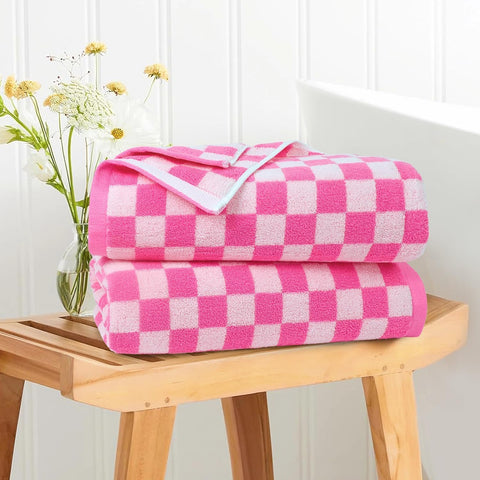 Jacquotha hot-pink checkered towels folded to show 2-pack convenience