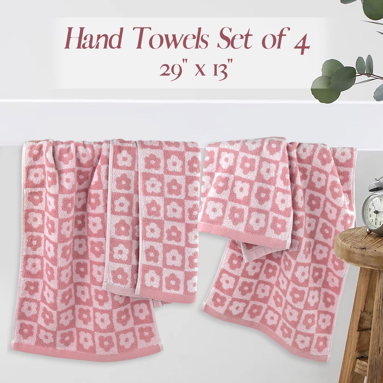 Jacquotha towels checkered floral pattern close-up highlights print detail