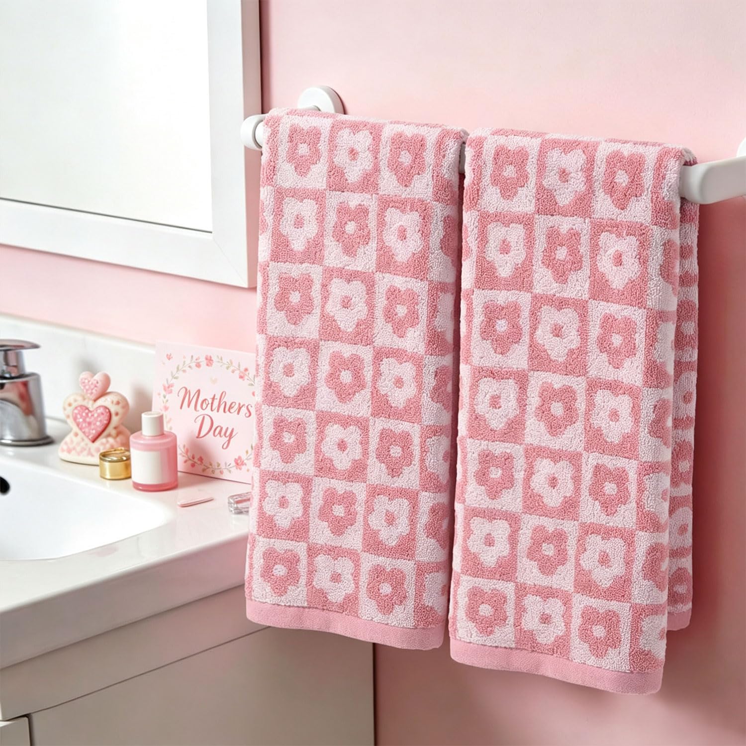 Jacquotha pink checkered floral towels 29x13 size for comfortable hand drying
