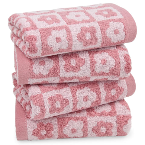 Jacquotha pink checkered floral towels four-pack in soft cotton