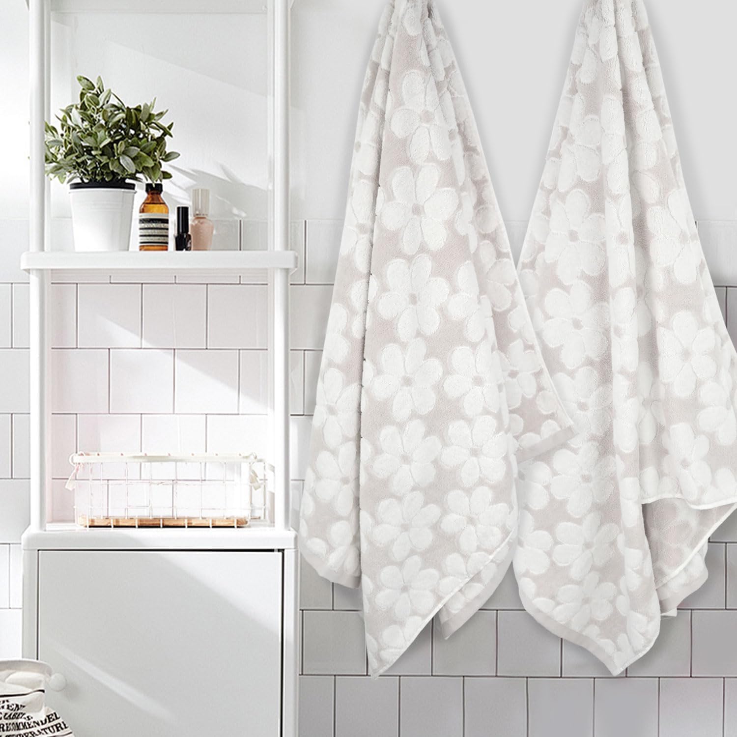 Jacquotha towels open view shows the floral jacquard pattern in light beige