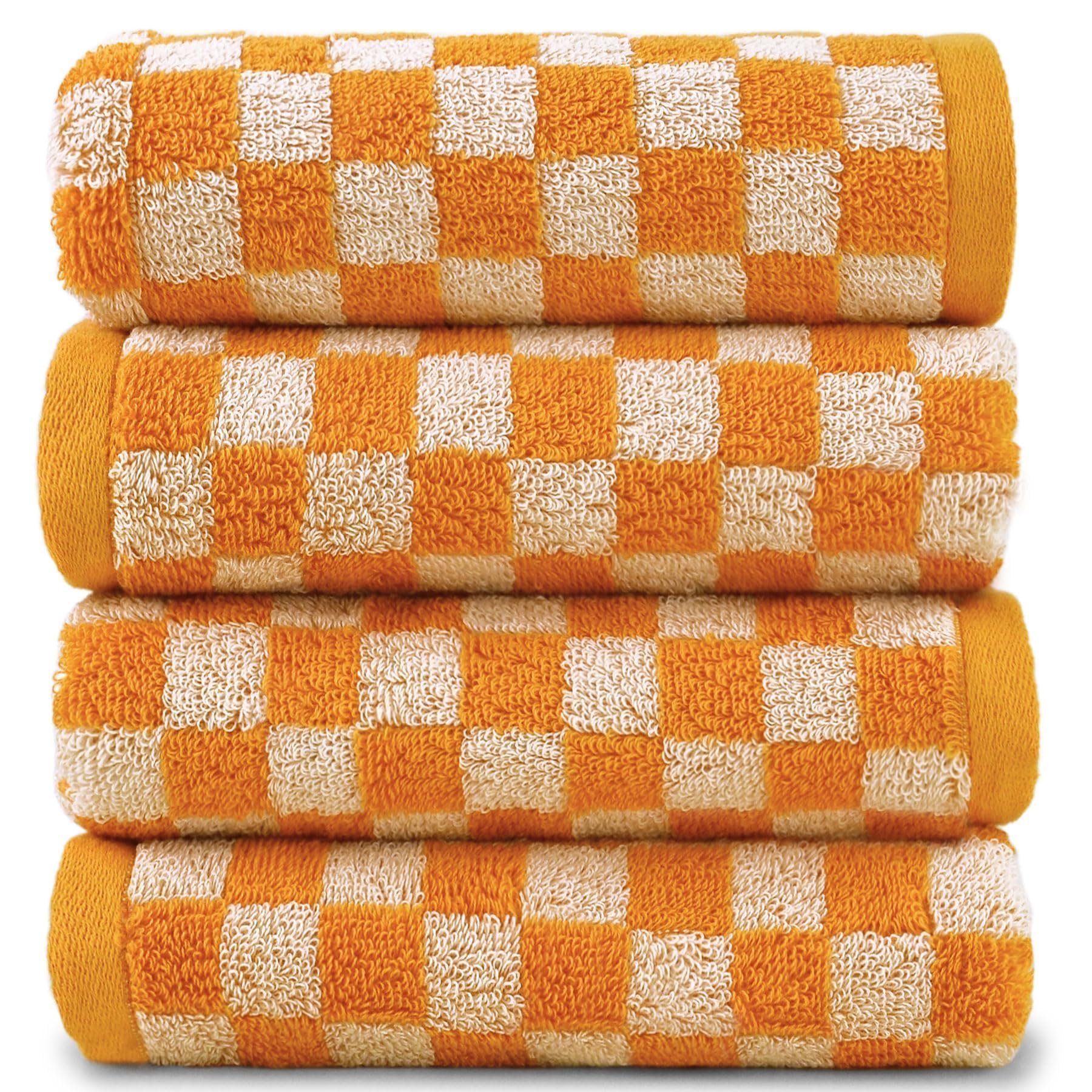 Jacquotha orange-checkered hand towels set in soft cotton for kitchen or bathroom use.