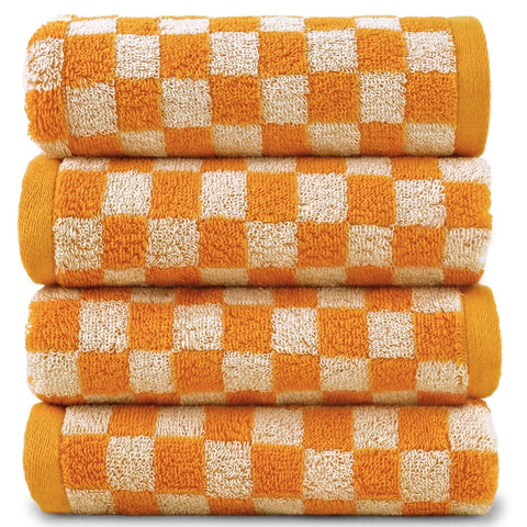 Jacquotha orange-checkered hand towels set in soft cotton for kitchen or bathroom use.