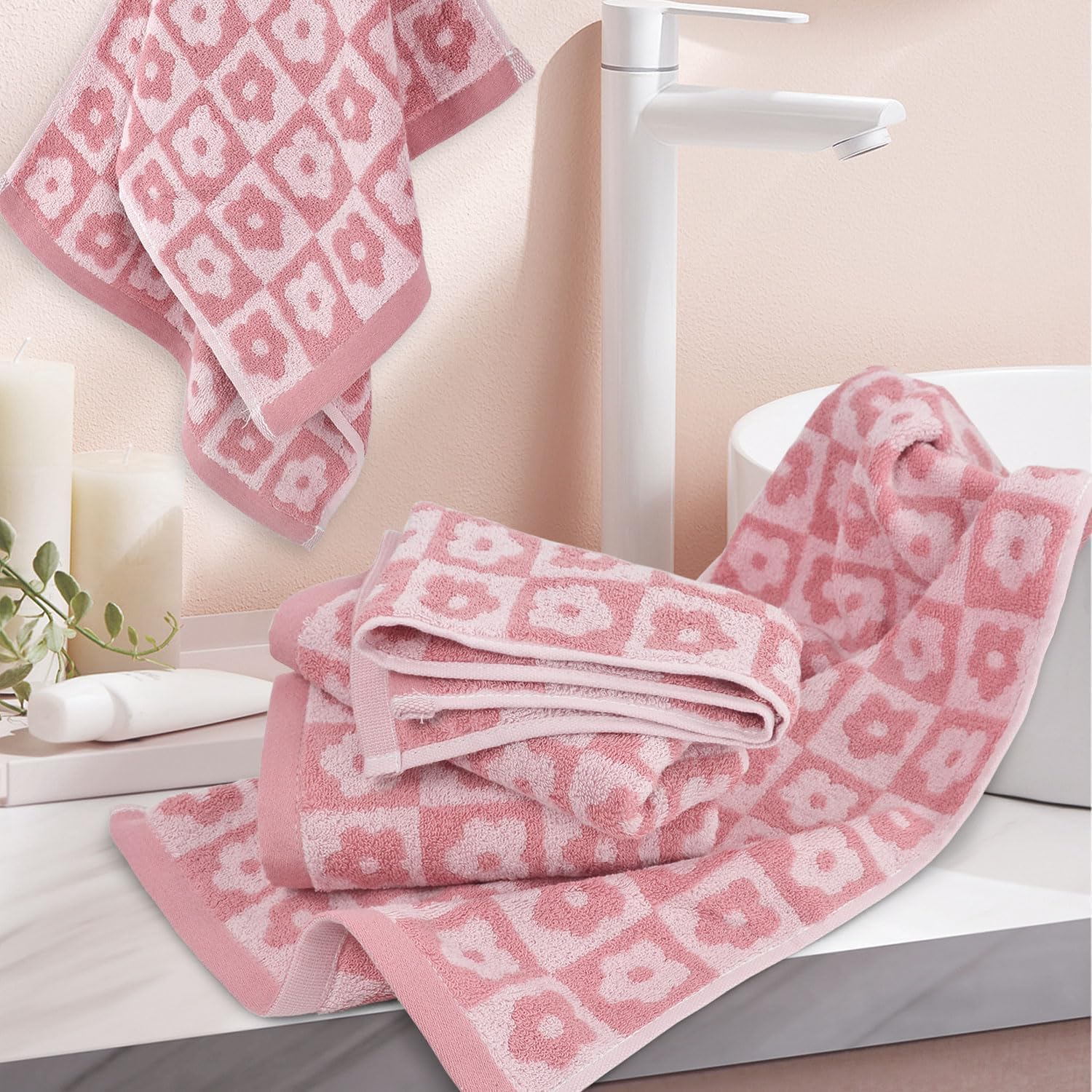 Jacquotha pink towels close-up shows vibrant pattern for bathroom decor