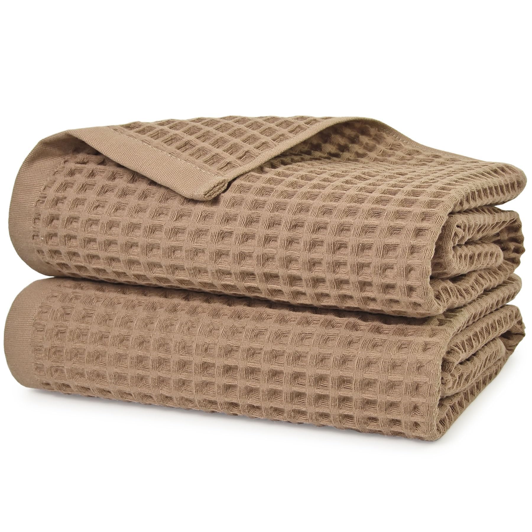 Jacquotha waffle bath towels tan laid flat, 2-piece set, soft and absorbent.