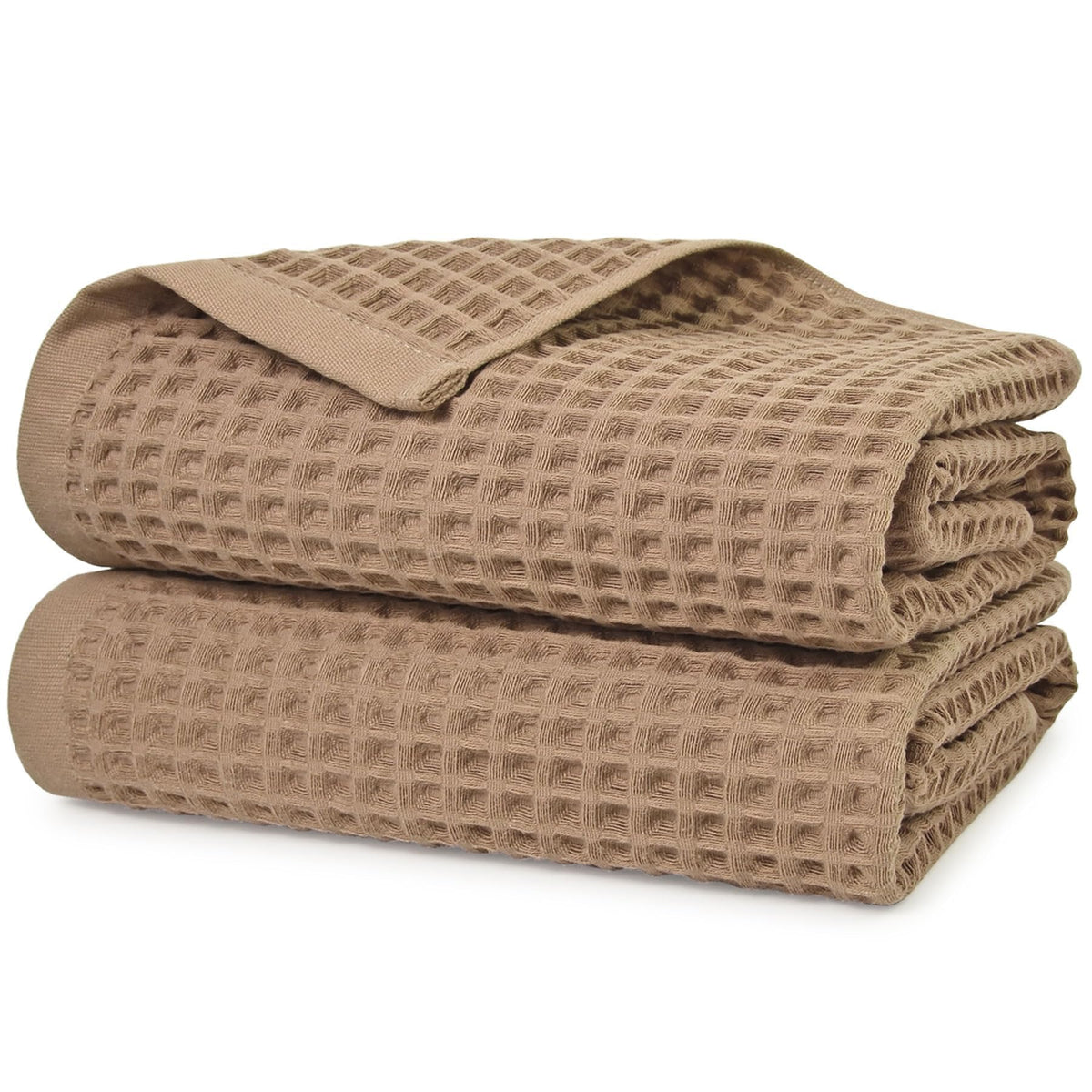 Jacquotha waffle bath towels tan laid flat, 2-piece set, soft and absorbent.