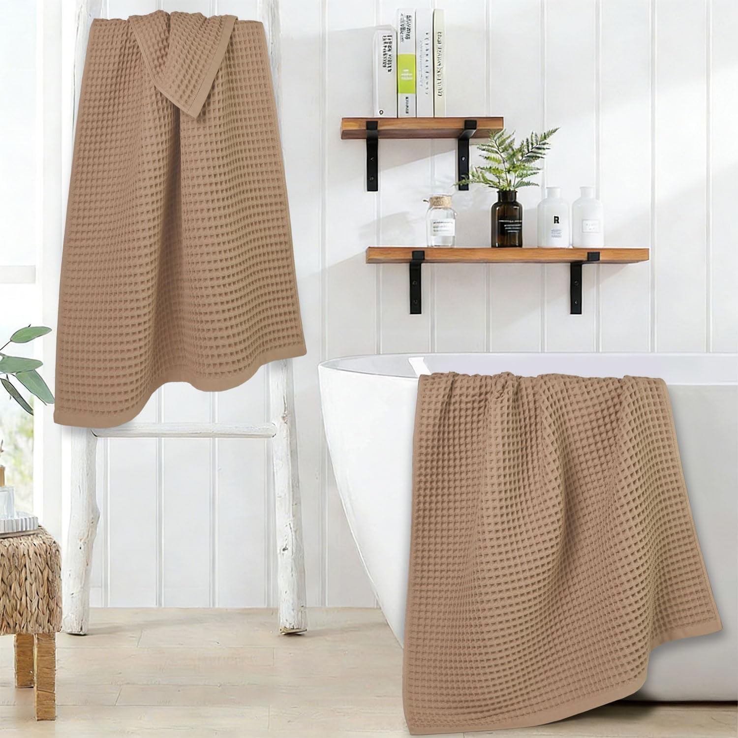 Jacquotha waffle towels at the beach, versatile towel option.