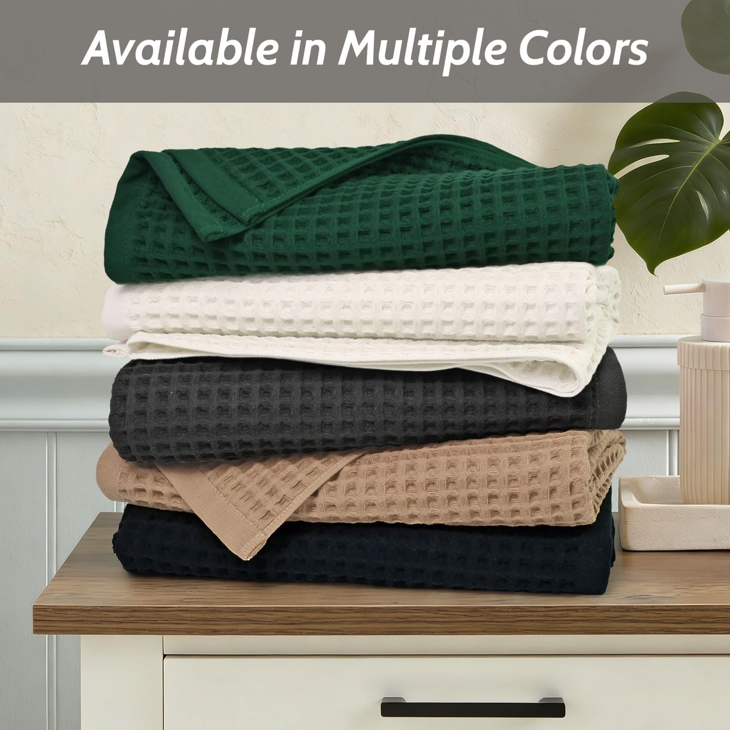 Jacquotha waffle towel close-up care label, easy machine washing.