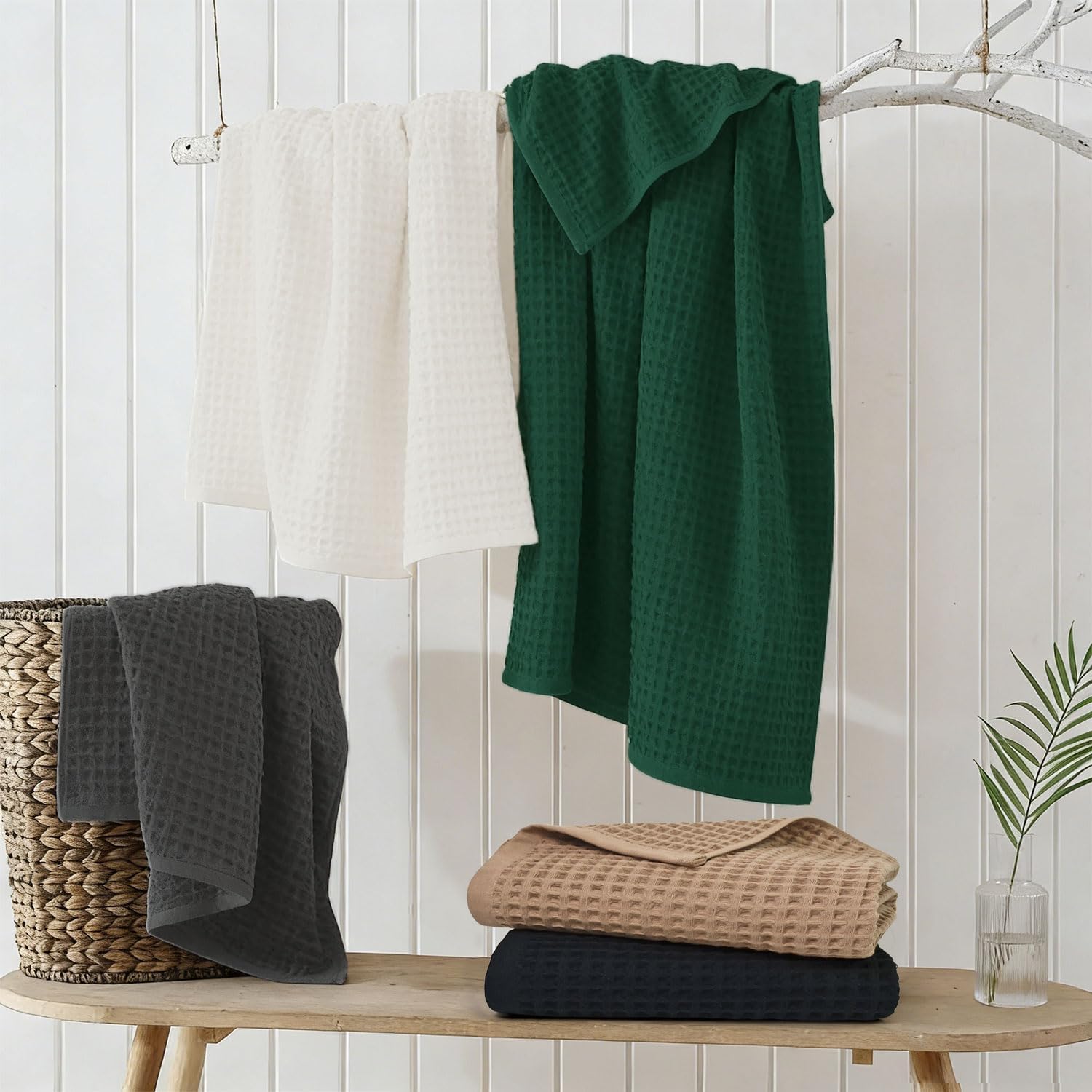 Jacquotha waffle towels in use after shower, soft and comforting.