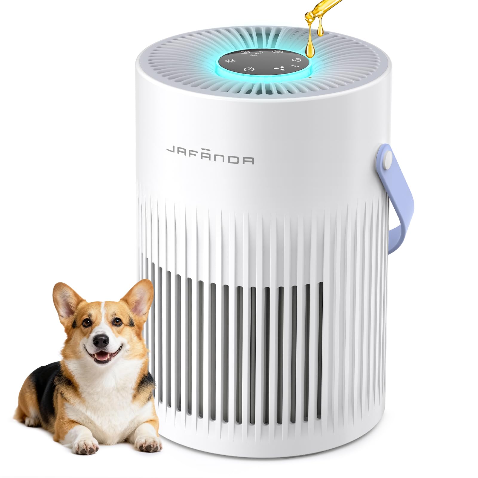 Jafanda air purifier in a bedroom setup reduces dust and odors.