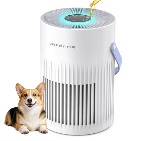 Jafanda air purifier in a bedroom setup reduces dust and odors.