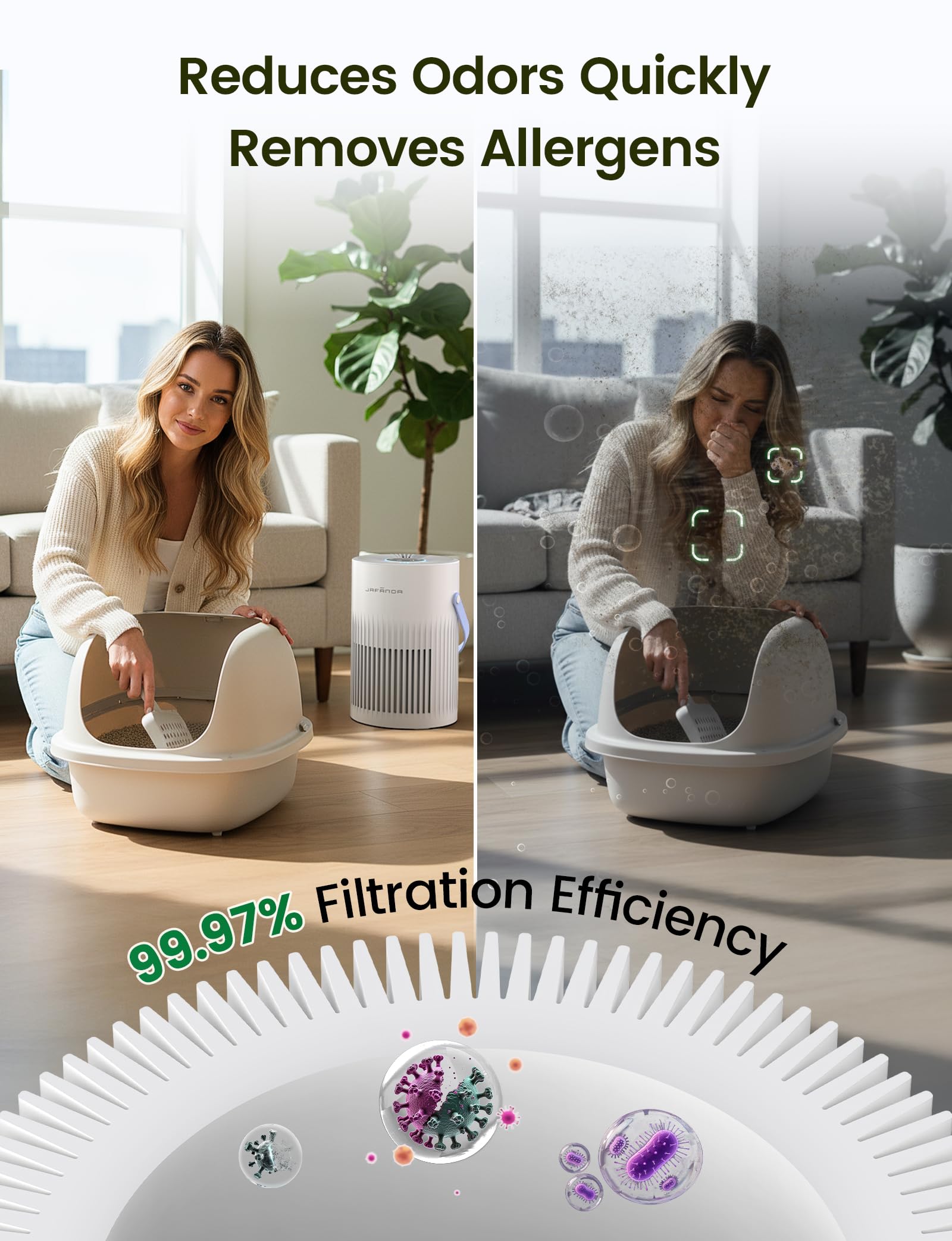 Jafanda air purifier captures pet dander for cleaner living space.