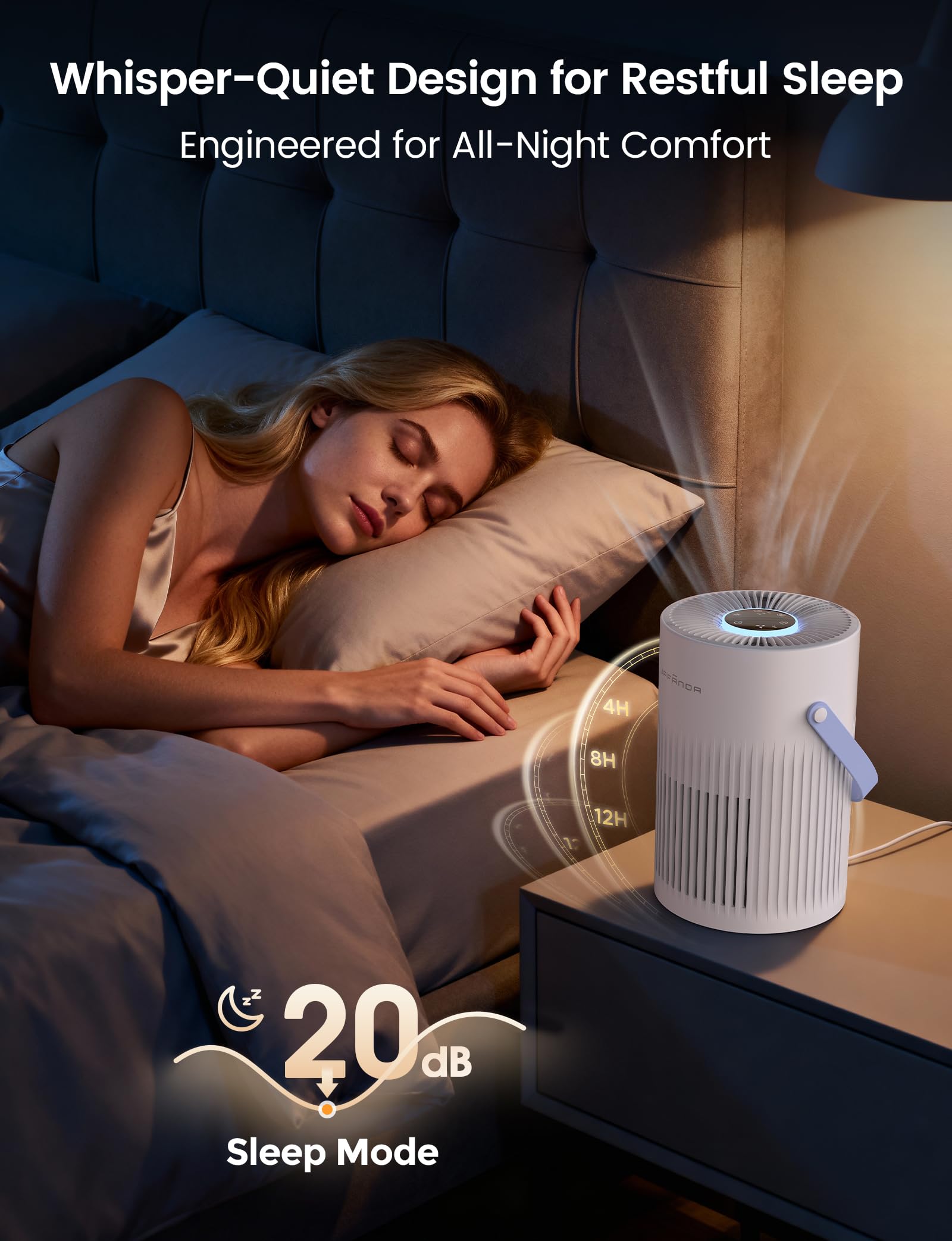 Jafanda air purifier in Sleep Mode delivers quiet nighttime freshness.