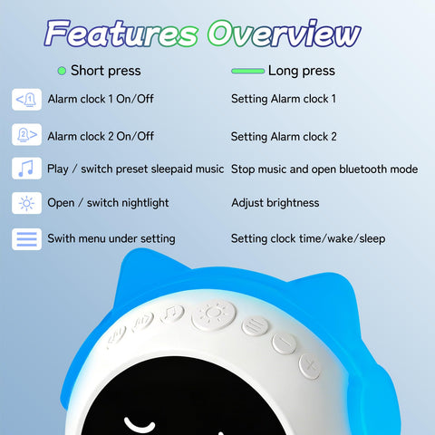JAHUYU Kids Alarm Clock Bluetooth music streams lullabies for bedtime.