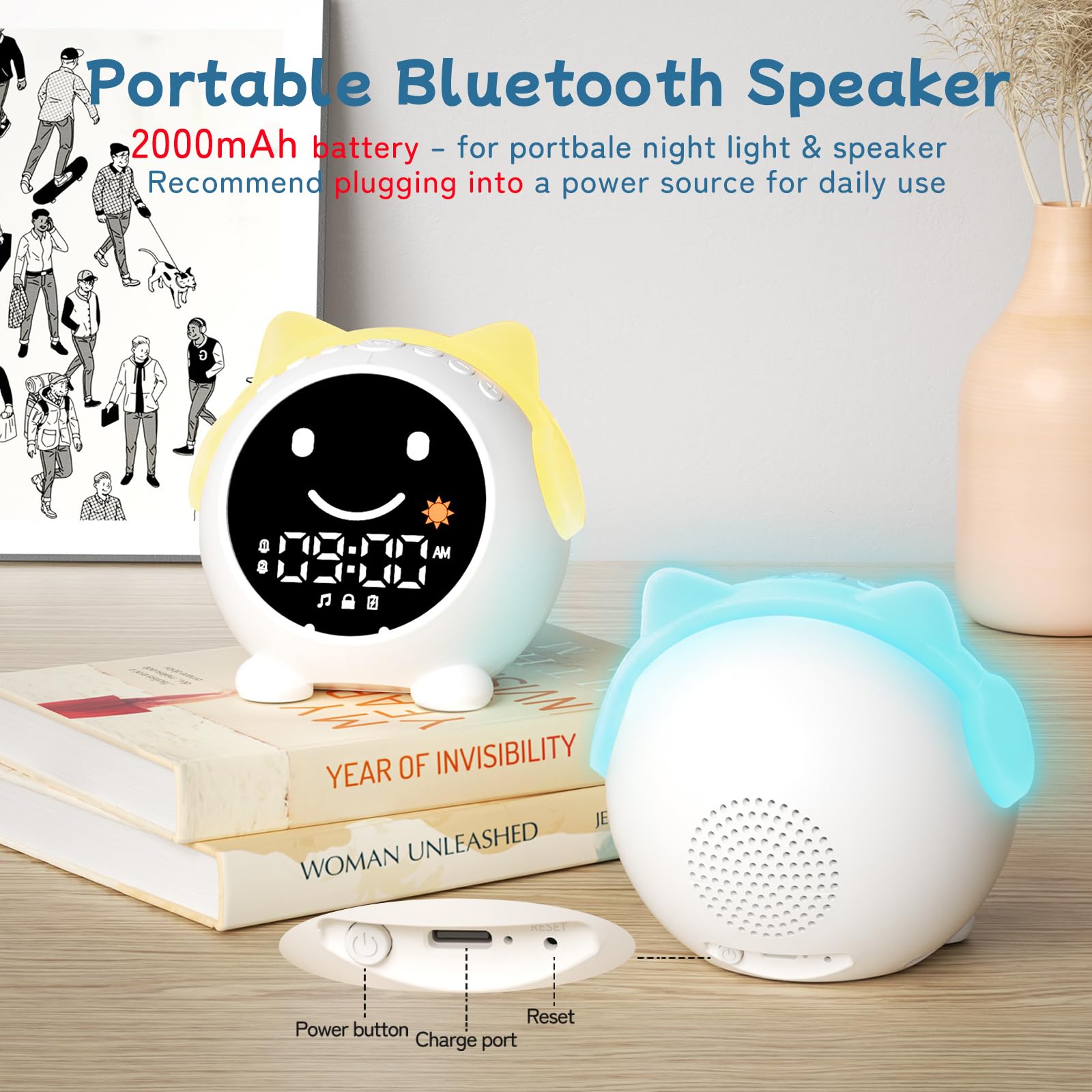 JAHUYU Kids Alarm Clock compact design fits small bedrooms.