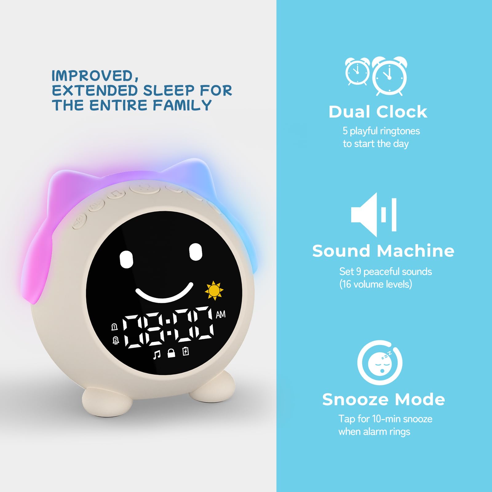 JAHUYU Kids Alarm Clock multi-color display makes time easy to read.
