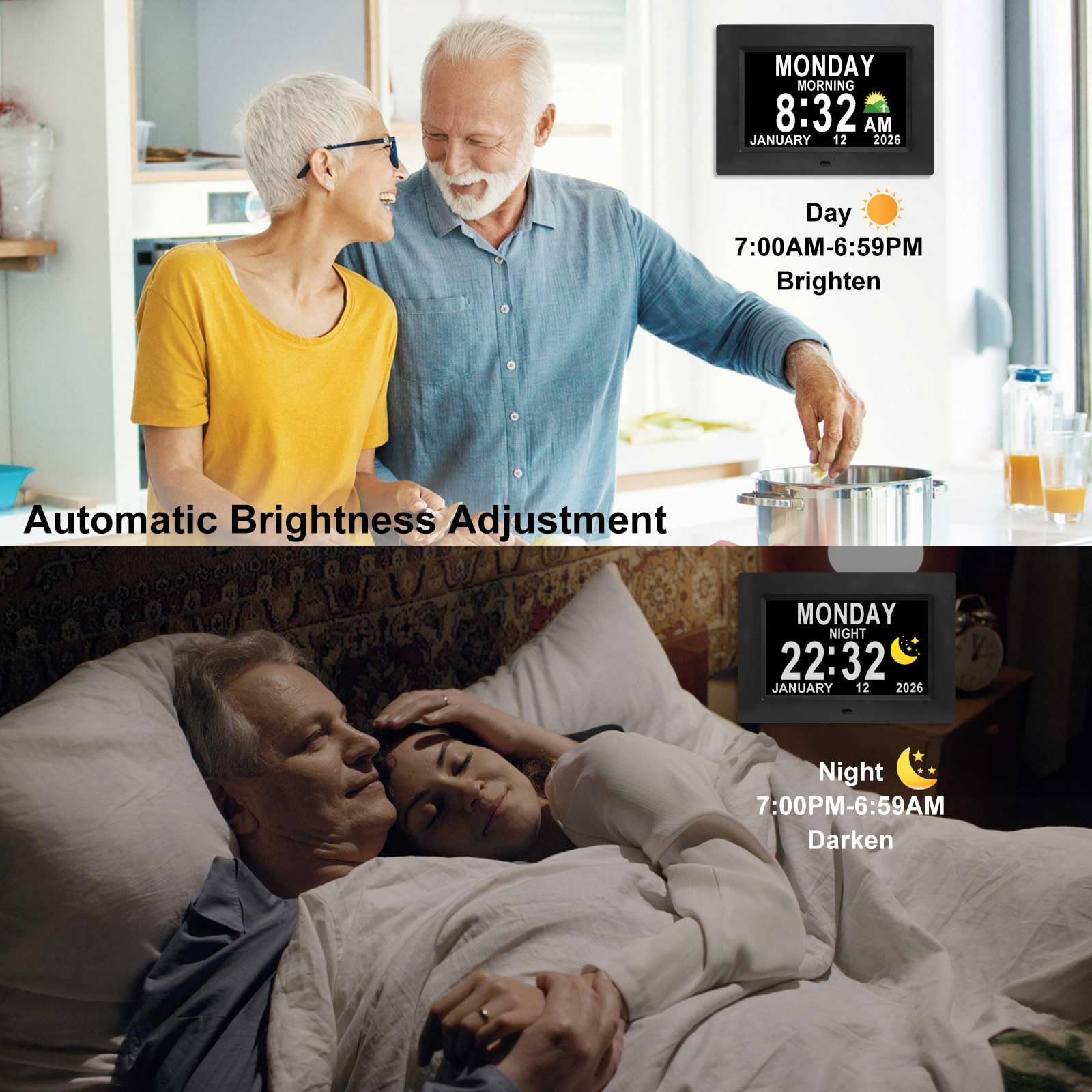 Jaihonda clock displays date and day to support daily routines.