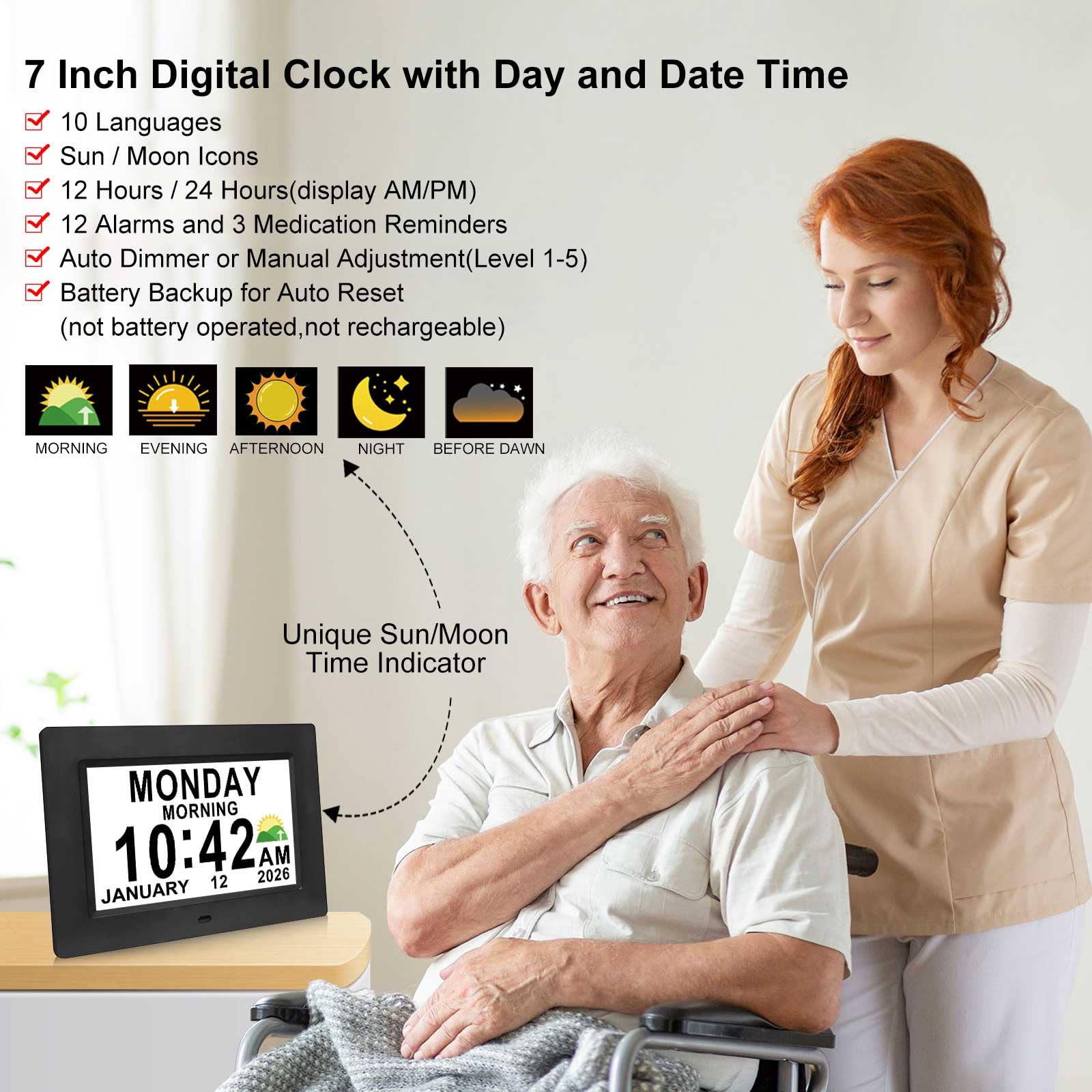 Jaihonda Dementia Clock date and time with large numerals aids daily scheduling.