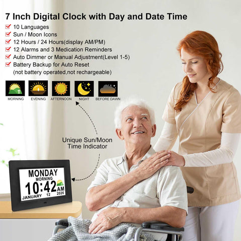 Jaihonda Dementia Clock date and time with large numerals aids daily scheduling.