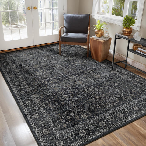 Jainmy Dark 5x7 rug closeup weave highlights durable, textured vintage pattern for busy homes.