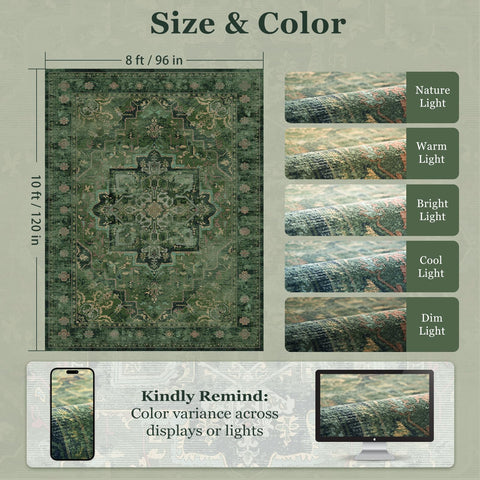 Jainmy Tranditional dark green rug for bedroom with distressed medallion pattern.