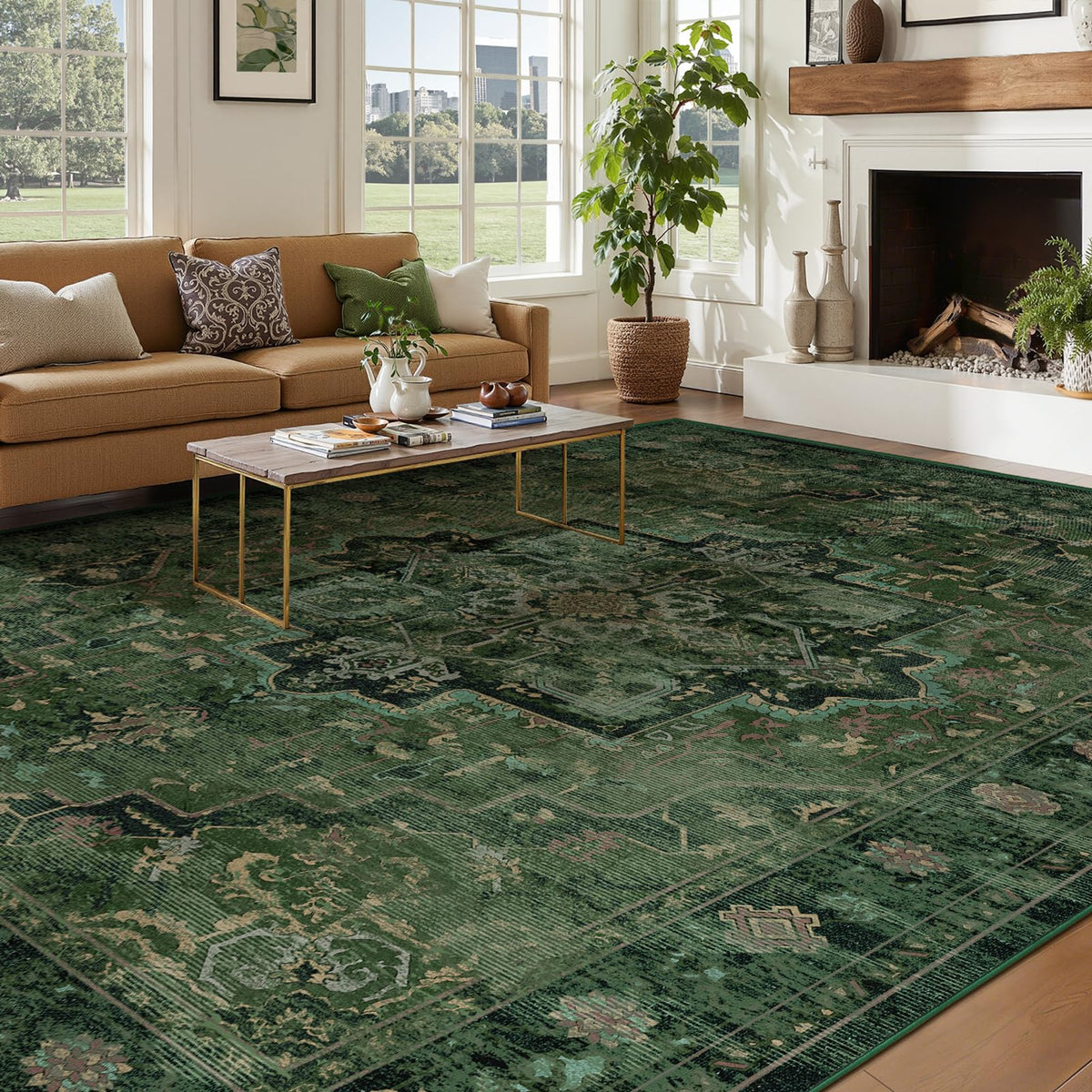 Jainmy Tranditional dark green 8x10 rug for living room with soft texture.
