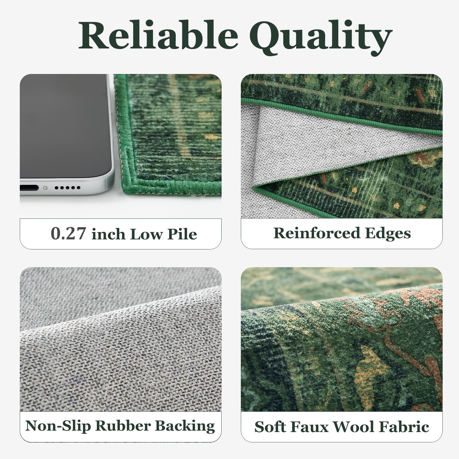 Jainmy rug features TPR backing to stay in place on hard floors.