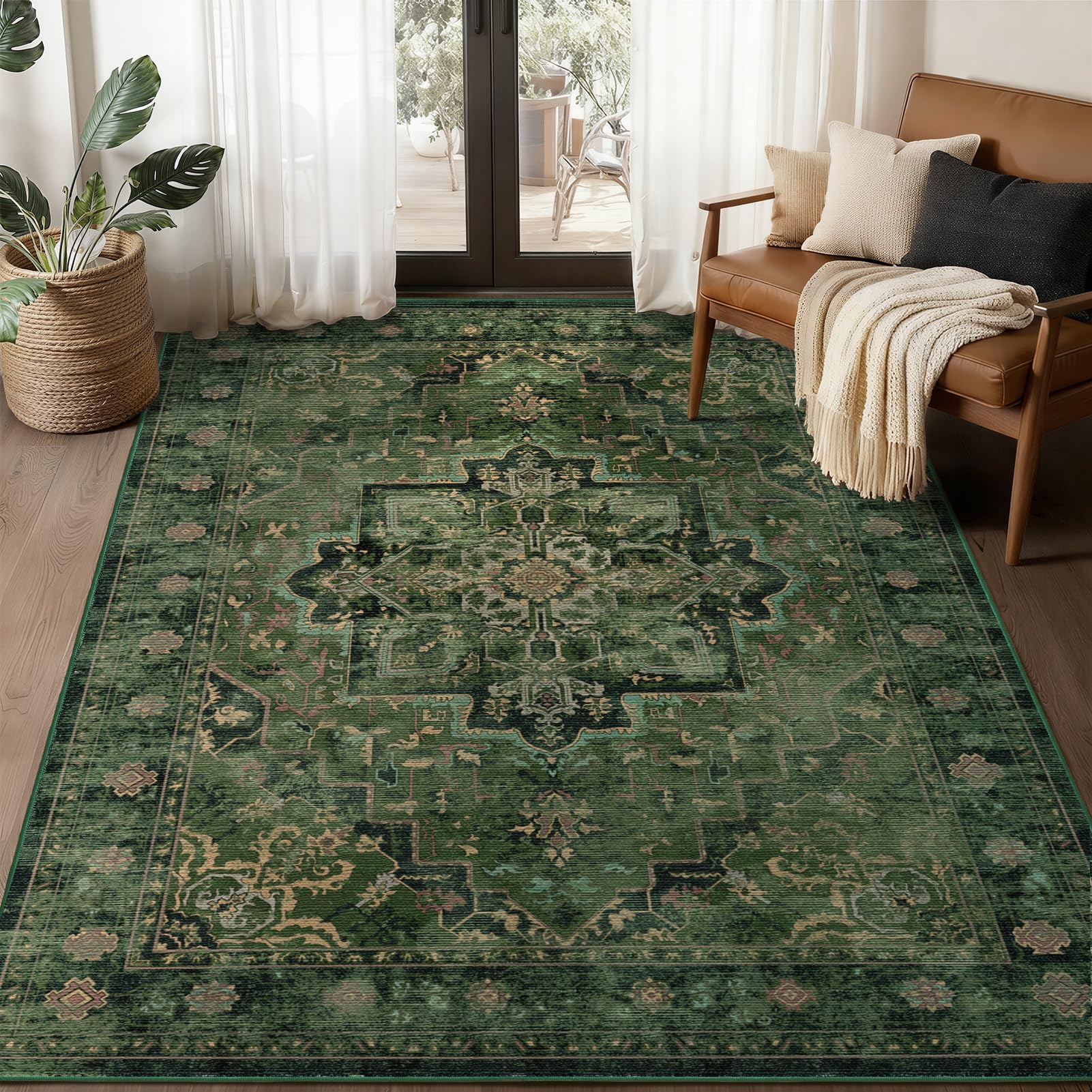 Jainmy Vintage Dark Green rug with medallion pattern adds classic elegance to living spaces