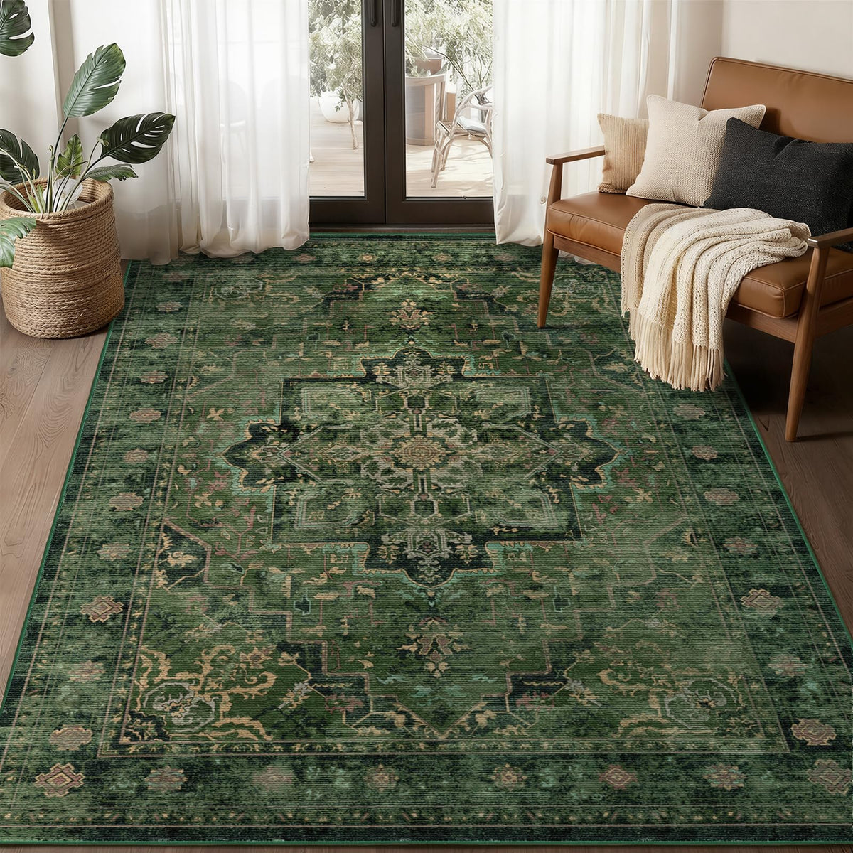 Jainmy Vintage Dark Green rug with medallion pattern adds classic elegance to living spaces