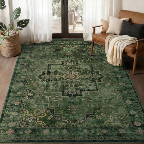 Jainmy Vintage Dark Green rug with medallion pattern adds classic elegance to living spaces