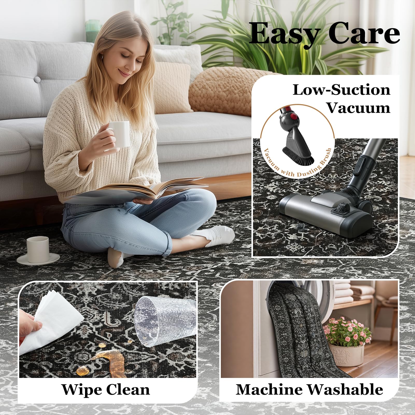 Jainmy machine-washable rug in a dining room setup for easy cleaning.