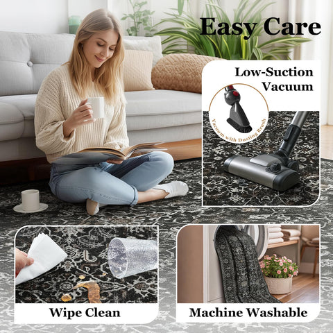 Jainmy machine-washable rug in a dining room setup for easy cleaning.