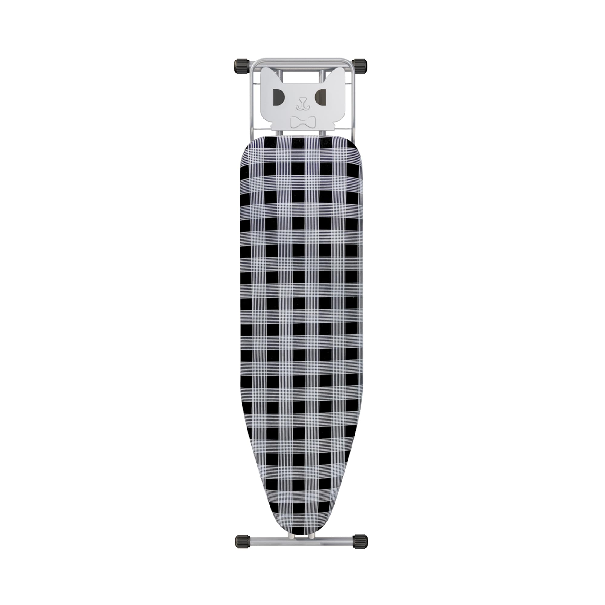 Jakeefud ironing board with checkered gray folded for compact storage and quick setup