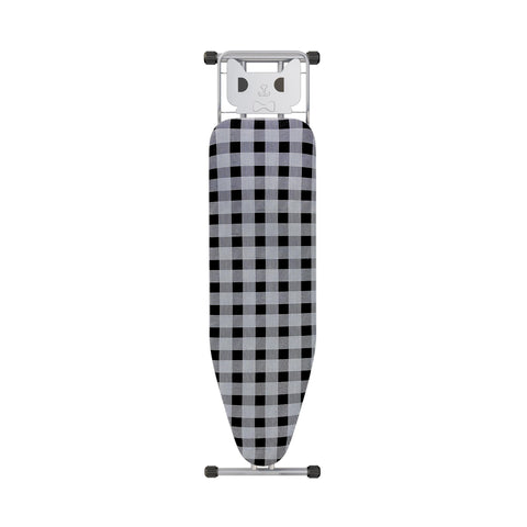 Jakeefud ironing board with checkered gray folded for compact storage and quick setup