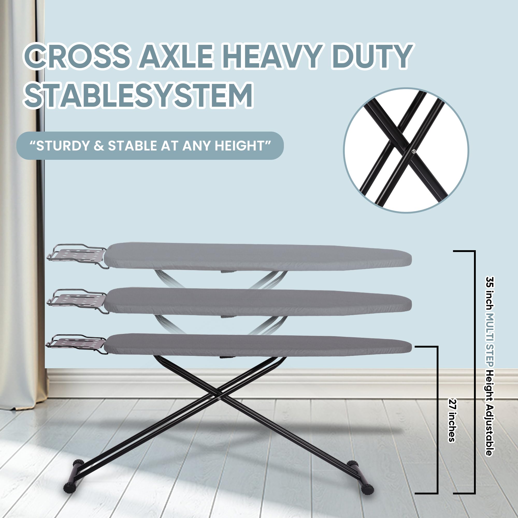 Jakeefud ironing board at 7-level adjustable height for comfortable ironing from sofa or table.