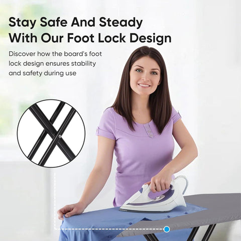 Jakeefud folding ironing board that saves space with door-hanging capability.