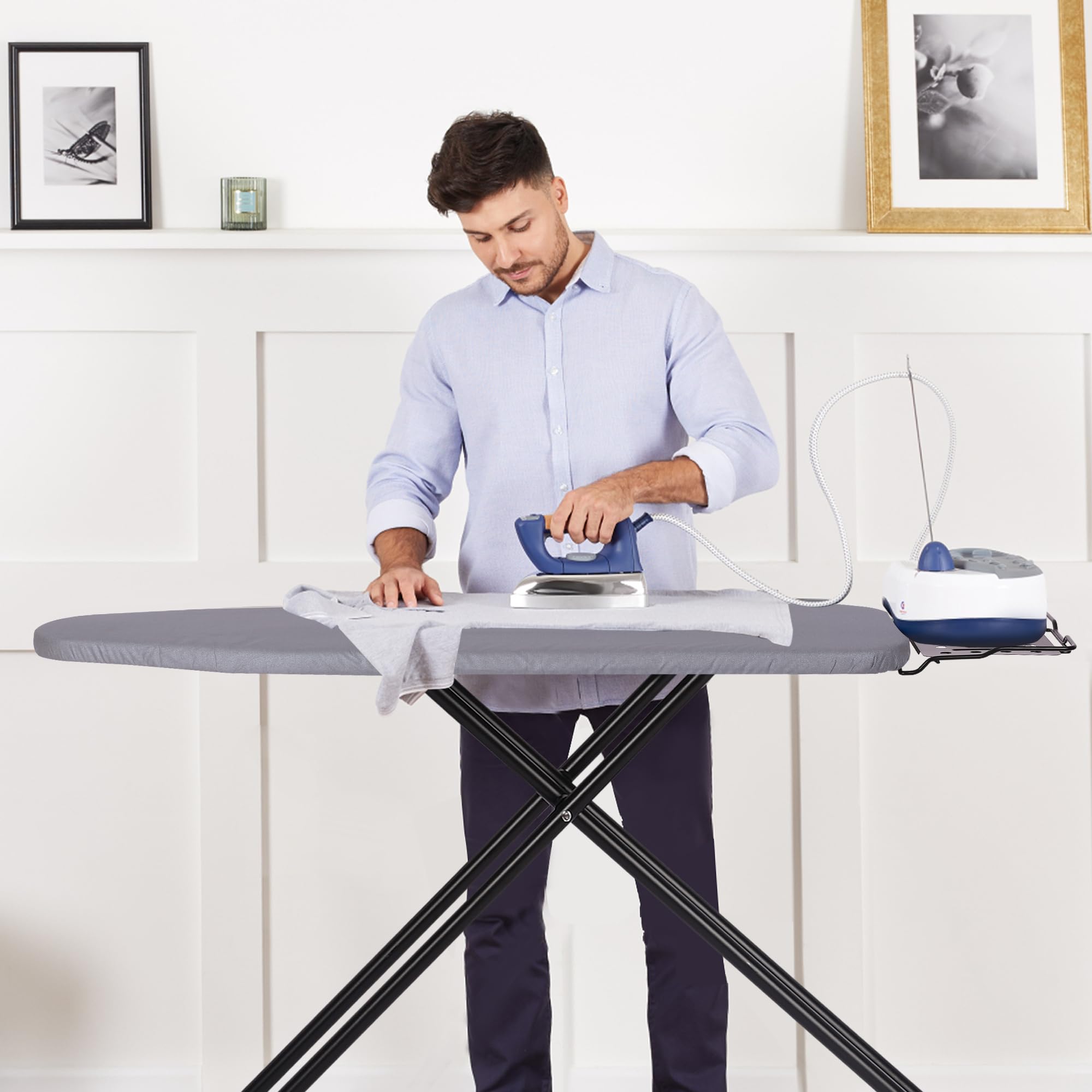Jakeefud ironing board with silicone padded iron rest for wrist comfort and heat protection.