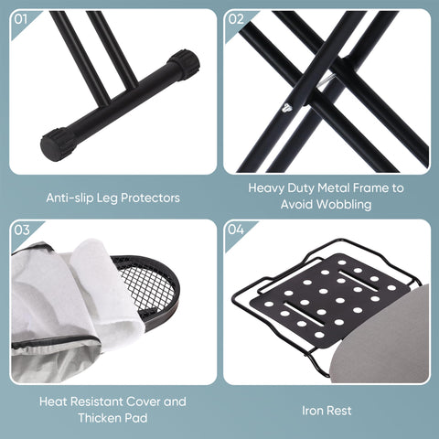 Jakeefud standard-size folding ironing board fits most spaces and setups.