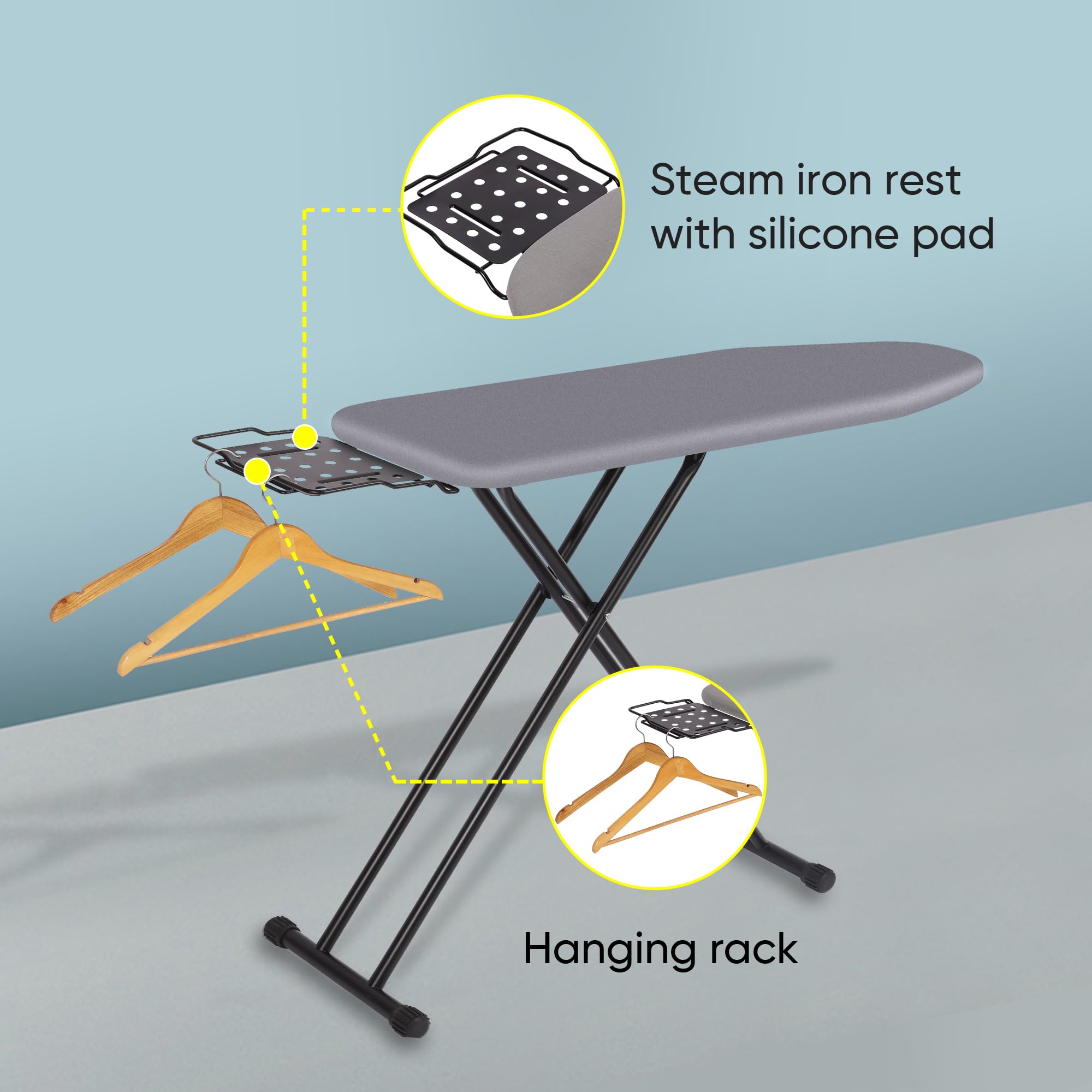 Jakeefud Deluxe ironing board with steel mesh top for fast, even heat distribution.