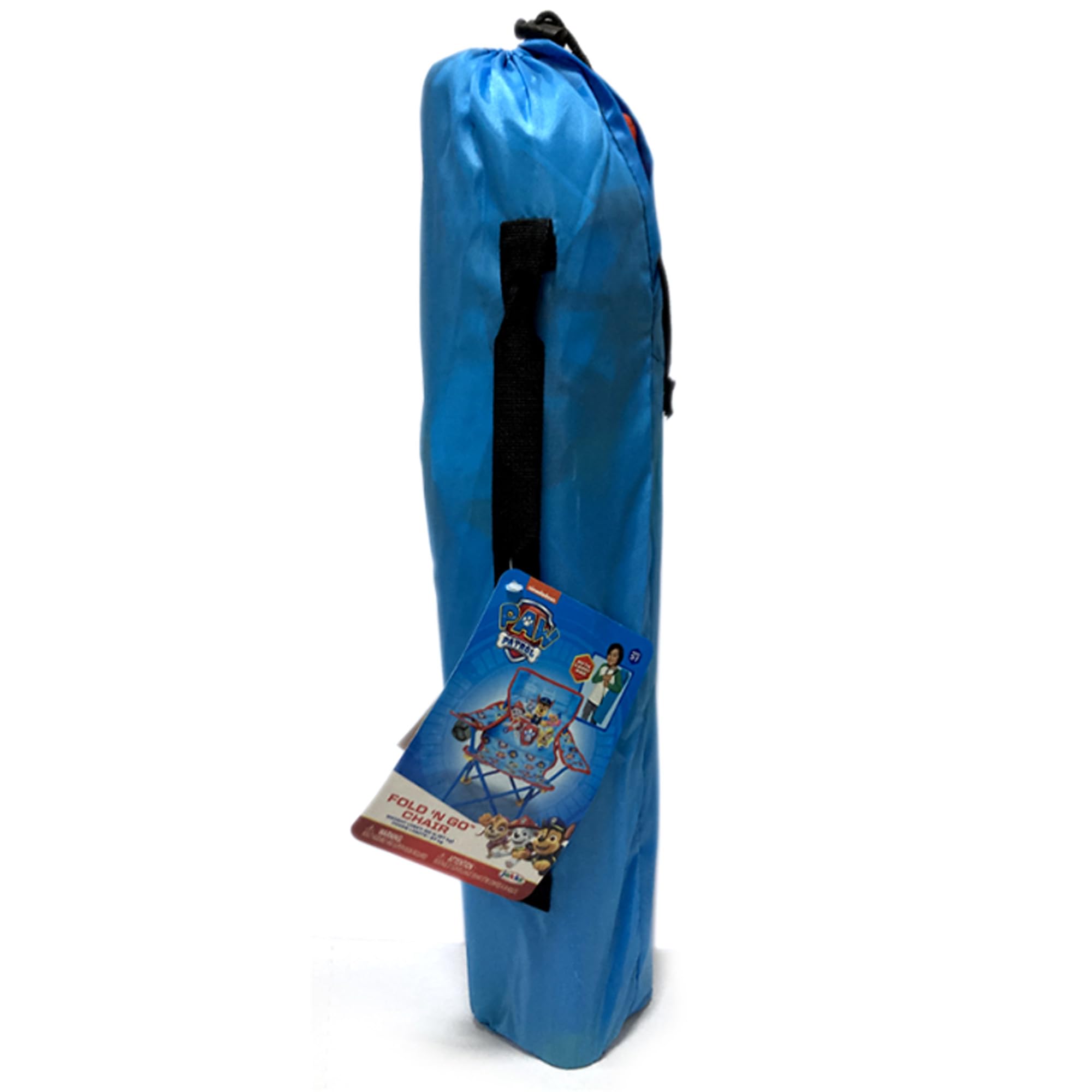 Paw Patrol camping chair folded with carry bag, ready for quick storage and travel.