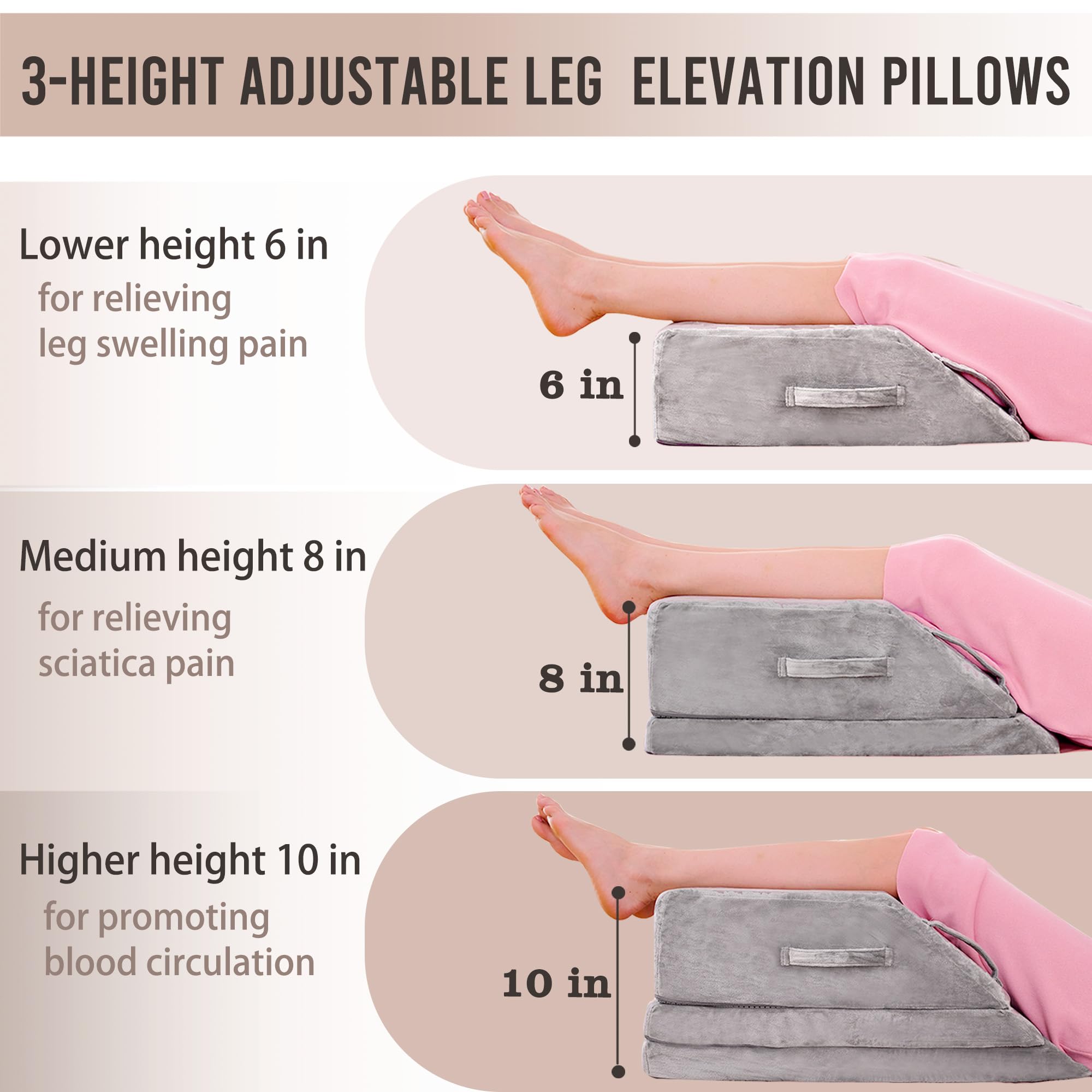 Jakoola wedge pillow showing 6-inch height option for customizable leg elevation during sleep.