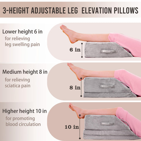 Jakoola wedge pillow showing 6-inch height option for customizable leg elevation during sleep.